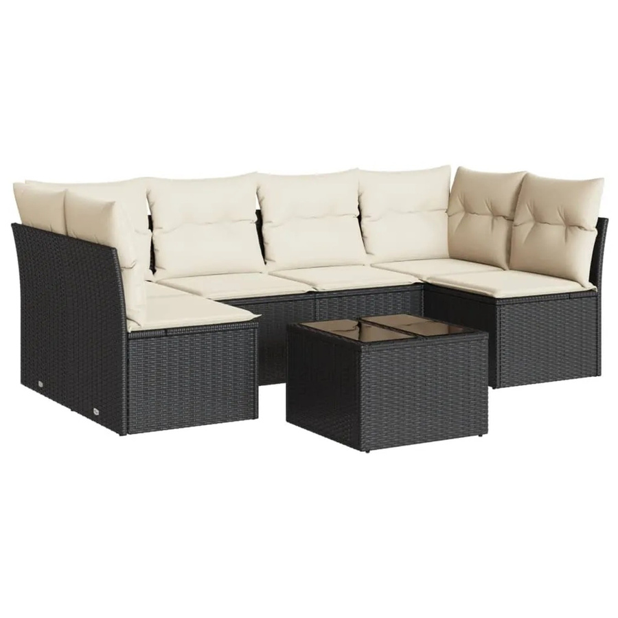 vidaXL 7-tlg Garten-Sofagarnitur in L-Form aus Polyrattan mit Kissen und Tisch, Schwarz - Bild 2