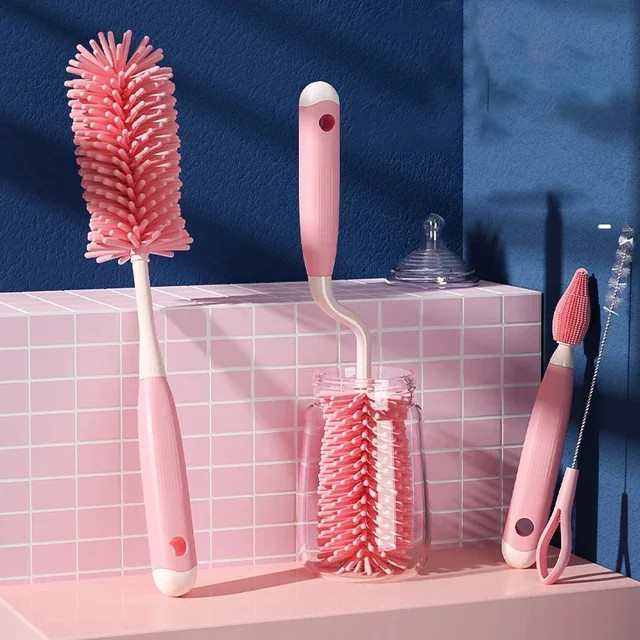 3-in-1 Silikon-Säuglings-Reinigungsset für Schnuller, Becher, Flaschen und Strohhalme in Pink und Multicolour - Bild 1