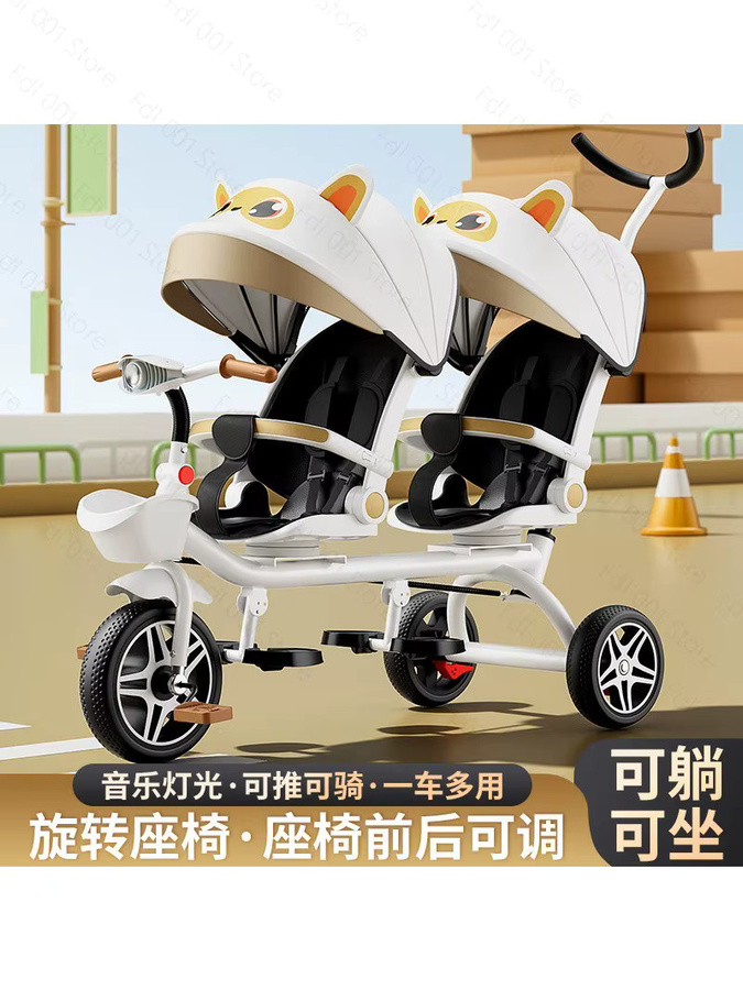 Faltbares Doppel-Kinderdreirad in Weiß mit Liegefunktion als Zwillings-Kinderwagen und Babyfahrrad - Bild 3