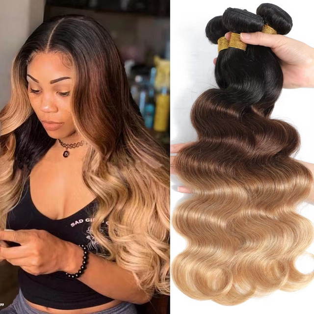 Royal Impression Body Wave Bundles, Ombre 3-farbig, 100% Echthaar Brasilianisches Rohhaar, 3er Bündel - Bild 1