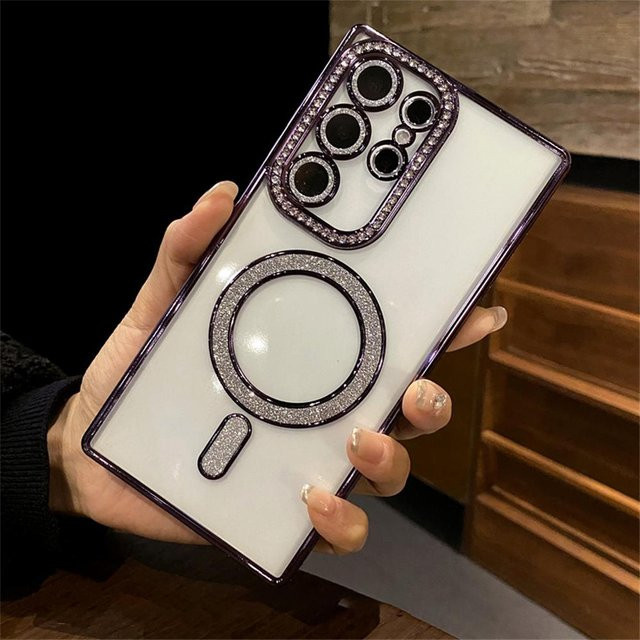 Magnetische Luxus-Schutzhülle mit Diamanten-Effekt für Samsung Galaxy S24 Ultra, S23 und S22 in Weiß, stoßfest und kompatibel mit kabellosem Laden - Bild 1
