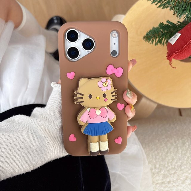 Sanrio Hello Kitty Silikonhülle mit 3D-Ständerhalter für iPhone 17, 16, 15, 14, 13 Pro Max in Braun - Bild 1