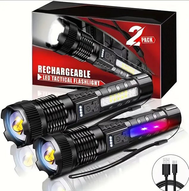 Mikenoon Taktische LED Taschenlampe in Schwarz, wiederaufladbar mit 6 Modi für Camping und Angeln - Bild 1