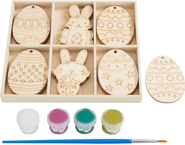 VBS Holzmotive Ostern Bastelset mit Eiern und Hasen in Beige aus Sperrholz inklusive Farbe und Pinsel - Bild 1