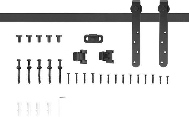 HOMCOM Schiebetür-Beschlagsatz 180 cm Komplett-Set aus Kohlenstoffstahl in Schwarz Matt mit Schienen, Rollen, Anti-Sprung-Vorrichtungen und Türstopper - Bild 1