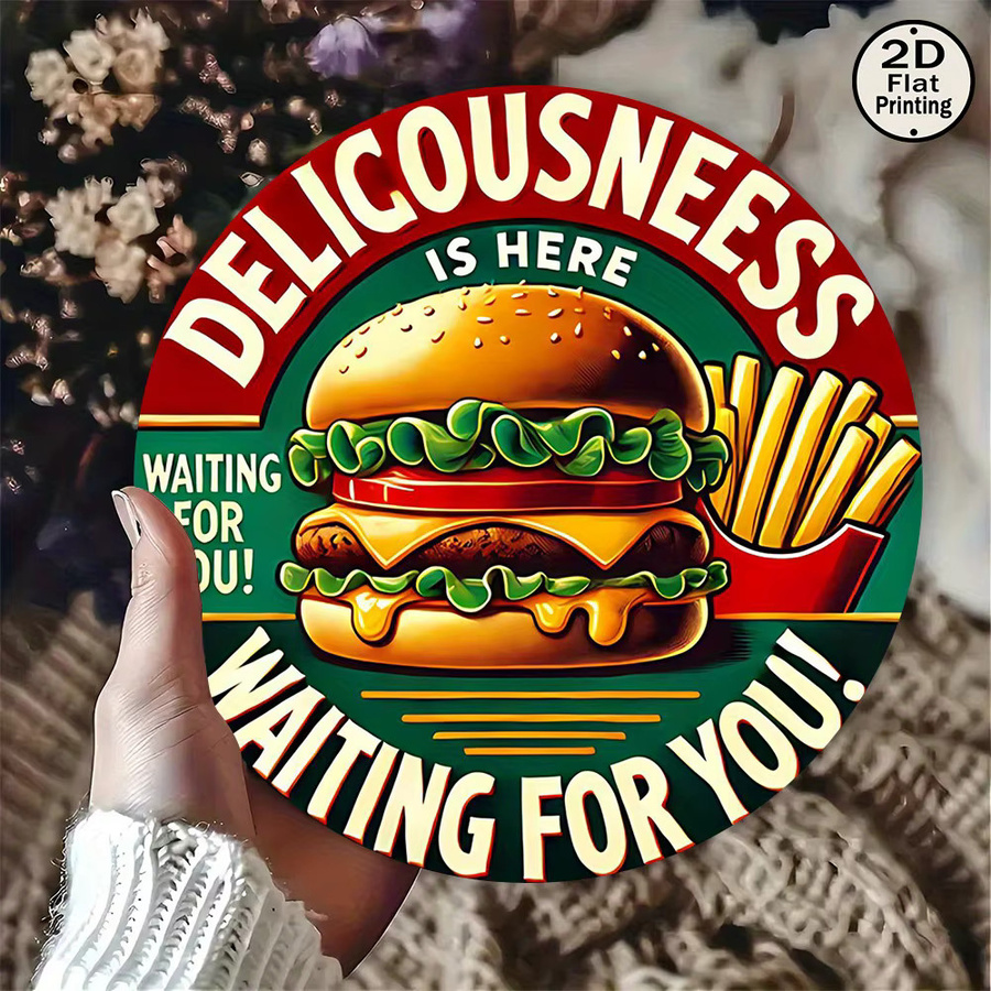 Potdemiel Vintage Metall-Wandblechschild rund Deliciousness is Here Burger & Fries Design, Mehrfarbig, Durchmesser: 20,32 cm - Bild 5