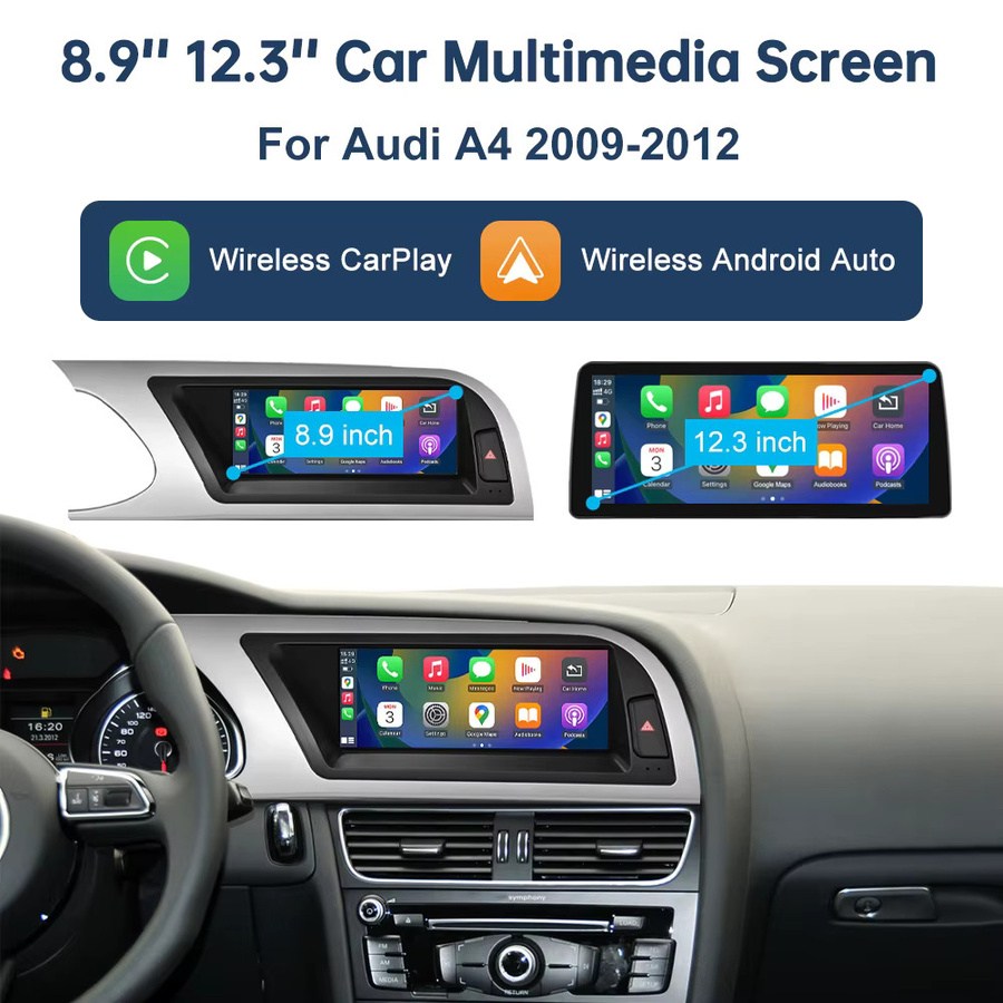 Road Top Multimedia-Display Touchscreen für Audi A4 S4 2008-2015 mit 12,3 Zoll, Wireless Carplay, Android Auto und Airplay/Miracast, Schwarz - Bild 1
