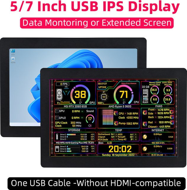 SHCHV USB Sekundärbildschirm mit 5 oder 7 Zoll IPS Display, 1024x600 Auflösung, Schwarz, AIDA64 Überwachungsanzeige für Windows 10/11 - Bild 1