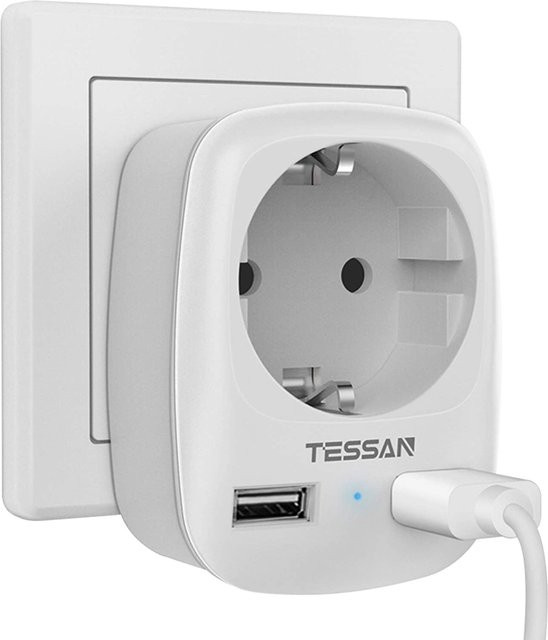 TESSAN Mini-EU-Stecker-Verlängerungsbuchse mit 1 Steckdose und 2 USB-Anschlüssen in Grau - Bild 1
