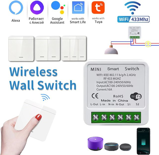 Tuya WLAN Smart Switch RF433 Relais-Empfänger Wandpanel Lichtschaltermodul in Weiß mit Smart Life App und Sprachsteuerung für Amazon Alexa und Google Assistant - Bild 1