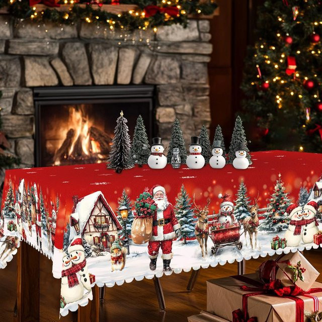 JINGYUE Pet Weihnachts-Tischdecke im Vintage-Bauernhaus-Stil mit Weihnachtsmann, Rentier und Weihnachtsbaum, Rot, Durchmesser: 152 cm - Bild 1