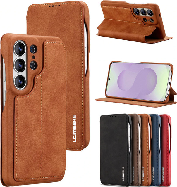 Luxuriöse Lederhülle mit magnetischem Kartenfach und Standfunktion für Samsung Galaxy S26 Ultra, S25 Plus, S24 und S23 in Braun - Bild 1