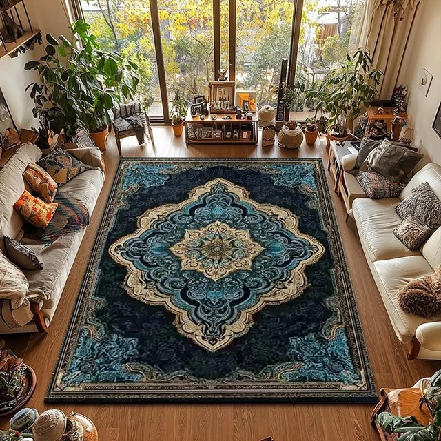 VIKAMA Bohemian-Kristallteppich mit Blumendruck, waschbar und rutschfest, rechteckig, Multicolour - Bild 1
