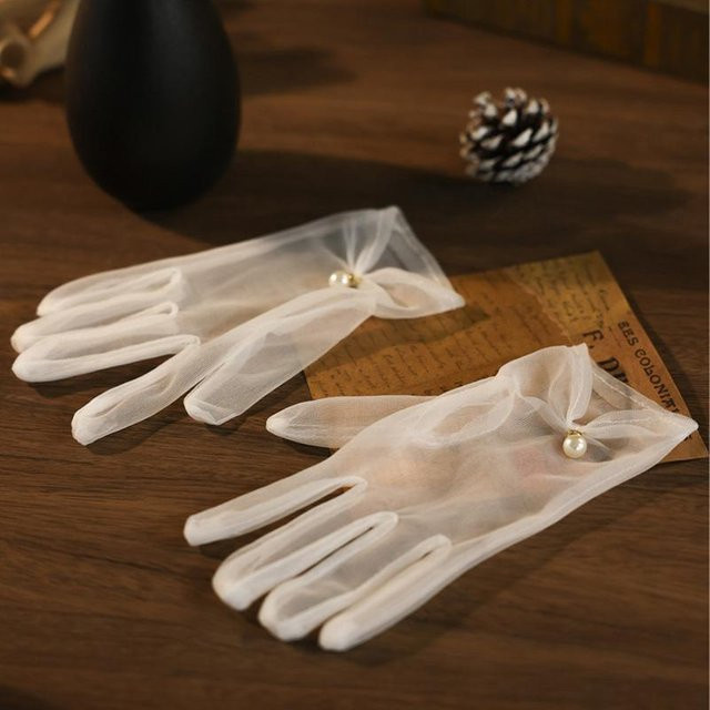 YIRAN Handschuhe Damen, Spitze, Perlen, Weißer Tüll, One Size - Bild 1