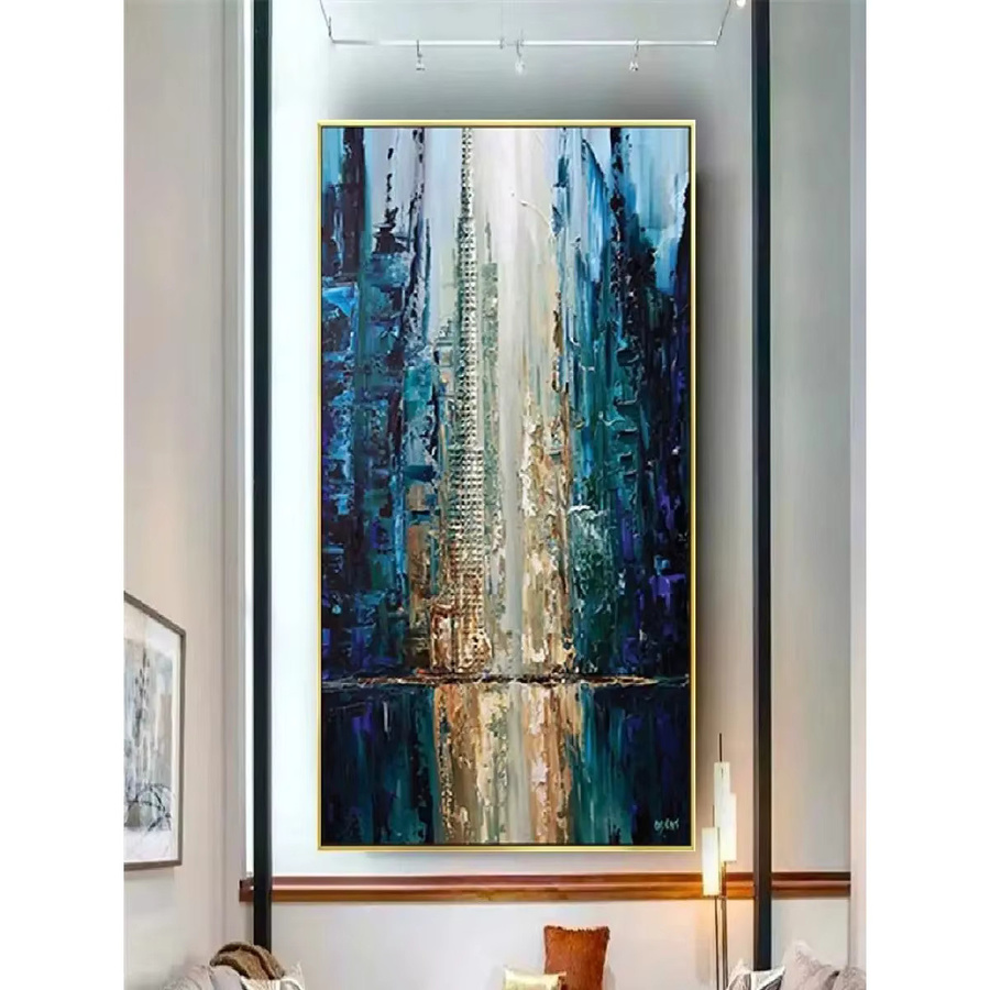 Abstraktes Ölgemälde von Potdemiel auf Leinwand, moderne strukturierte Wandkunst in Gelb, Weiß, Blau und Gold - Bild 2