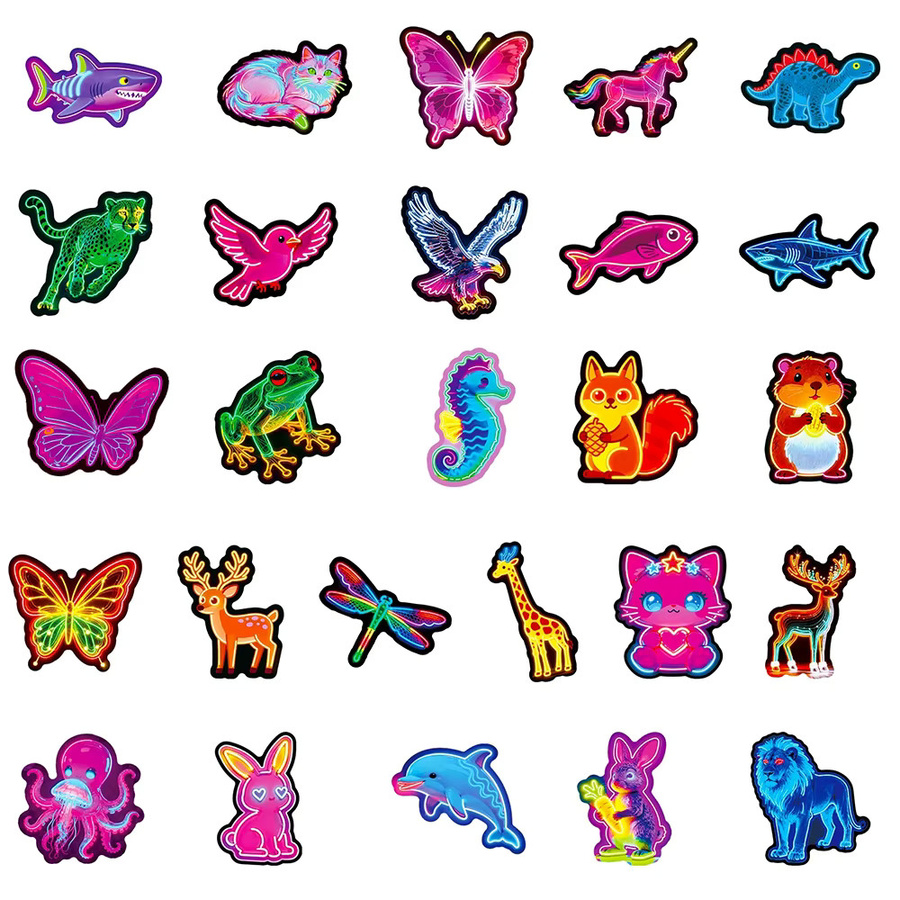 Rspctou Cartoon Neon Tier Aufkleber Set in Bunt mit Katze, Kaninchen und Eichhörnchen zur Dekoration von Telefon, Koffer und Sammelalben, 56 Stück - Bild 5