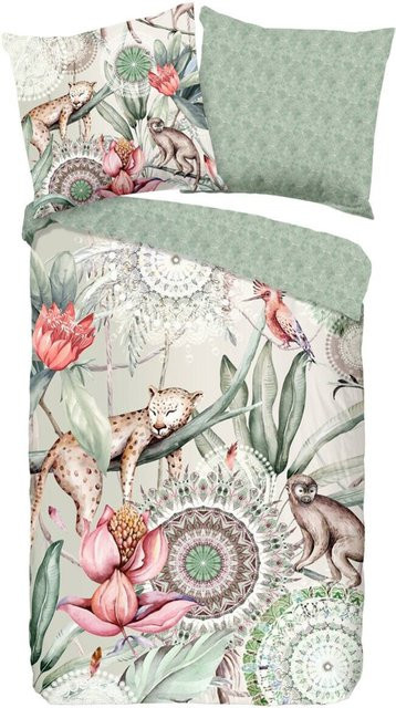 HIP Mako-Satin Bettwäsche Wayan Dschungel Mandala Wende Design Grün Lachs Multicolour B/L: 155 x 220 cm, Kissen: 80 x 80 cm - Bild 1