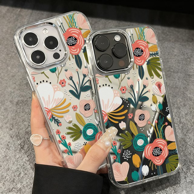 Apple iPhone 16 Pro Max Schutzhülle mit Make-up Spiegel und Blumen Design in Multicolour - Bild 1