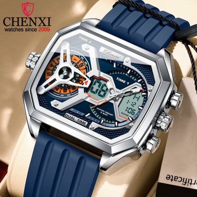 CHENXI Armbanduhr Herren, Quarz, Militärstil, Silber, Silikon, Eckig - Bild 1
