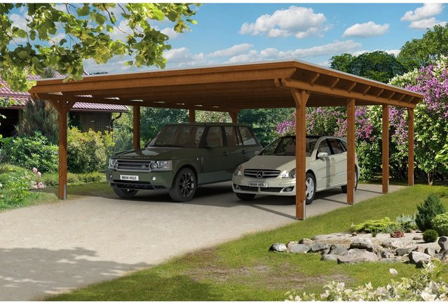 Skan Holz Carport Emsland aus Fichte Leimholz in Nussbaum Braun mit flacher Dachform und EPDM Dach, B/T: 613 x 846 cm, Höhe: 248 cm - Bild 1