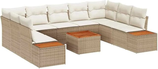 vidaXL 10-teiliges Garten-Sofa-Set aus Poly Rattan und Akazie in Beige mit Kissen und Stauraum - Bild 1