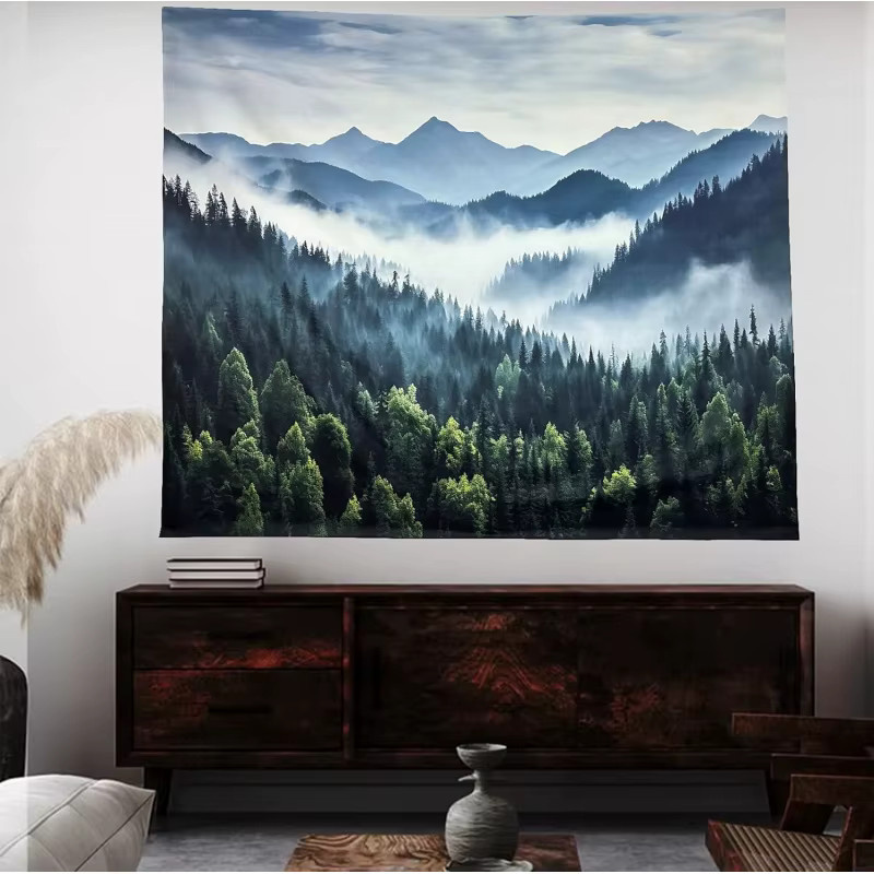 VIKAMA Wandteppich Heilender Bergwaldnebel in Blau, Textil-Wanddekoration mit Naturmotiv und Gebirgslandschaft - Bild 2
