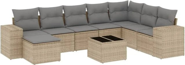 vidaXL 9-tlg. Garten-Sofagarnitur in L-Form aus Poly-Rattan mit Kissen in Beige und Grau - Bild 1