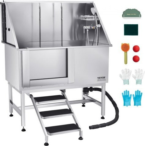 VEVOR Hundewaschstation aus Edelstahl in Silber mit Treppe, Wasserfilterplatte, Wasserhahn, Duschkopf und Seifenhalter für große, mittelgroße und kleine Haustiere, linke Tür, B/T/H: 127 x 70 x 154,5 cm - Bild 1