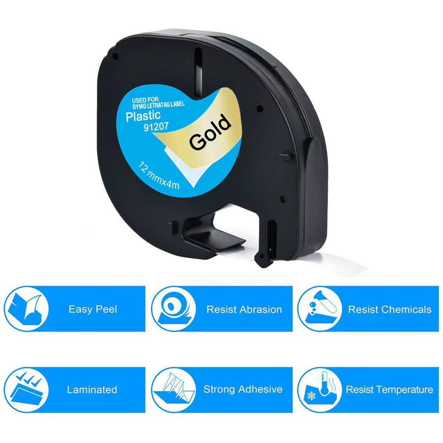 Phomemo Kunststoff-Etikettenband Schwarz auf Gold für P12 und P12Pro sowie kompatibel mit DYMO LetraTag 100H LT-100T LT-200B Ersatzband 91207 - Bild 2