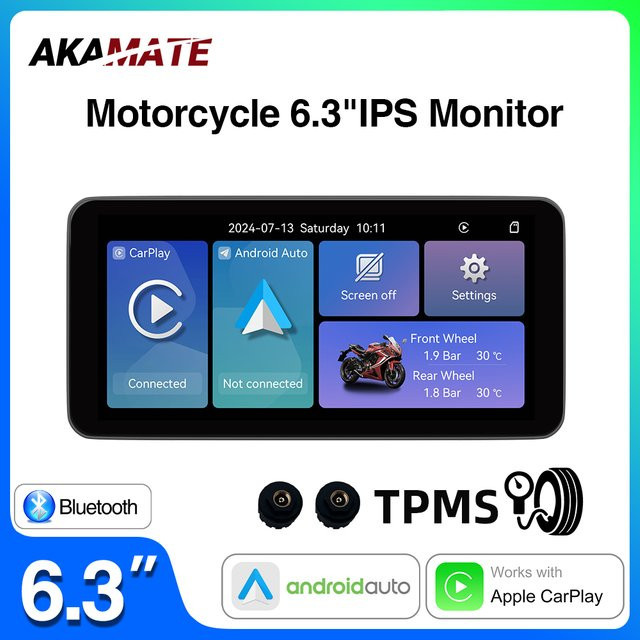 AKAMATE 6,3 Zoll CarPlay Motorrad Bildschirm mit Android Auto, GPS Navigation und Bluetooth, wasserdichtes IPS Display in Schwarz - Bild 1
