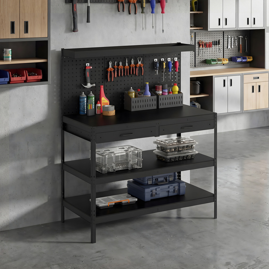 HOMCOM Werkbank mit Lochwand und 2 Schubladen in Schwarz, robuste Arbeitsstation mit 2 verstellbaren Regalen, Tragkraft 272 kg, B/T/H: 122 x 61 x 156 cm - Bild 2