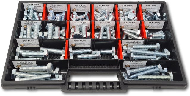 Schraubenbox24 Sechskantschrauben Sortiment DIN 933 Vollgewinde M8-M10, 110-teilig, verzinkt, Silber - Bild 1