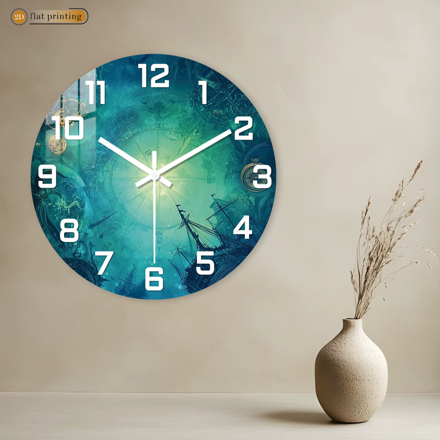 Maritime Vintage-Wanduhr im Steampunk-Design mit nautischem Kompass und Schiffsmotiv, runde Wanduhr aus Holz mit geräuschlosem Quarzwerk in Blau - Bild 2