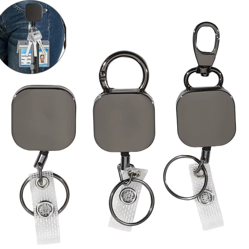 Ausziehbarer Metall-Kartenhalter mit Schlüsselring-Clip und Gürtelrolle in Schwarz - Bild 4