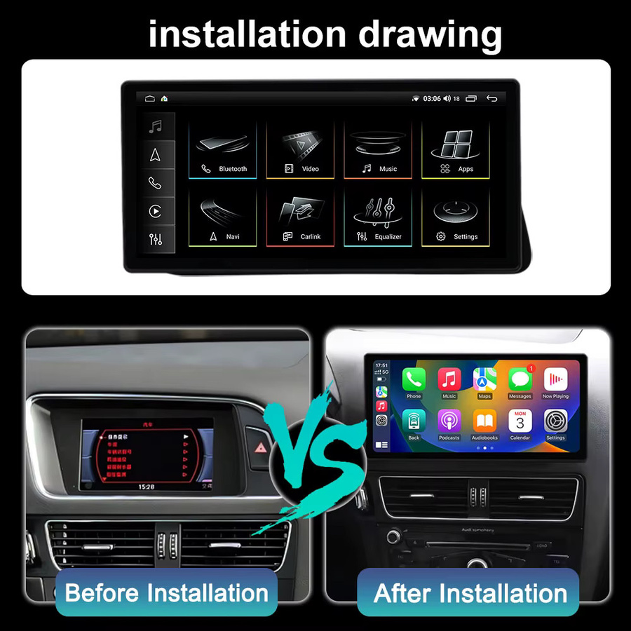 CUCU-NAVI Multimedia Autoradio für Audi Q5 2009-2017 mit Android 14, 10,33 Zoll Touchscreen, Wireless CarPlay, GPS, 4G und Bluetooth in Schwarz - Bild 2