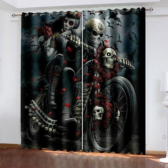 Yiran Furniture 2er-Set Verdunkelungsvorhänge mit Rose-Schädel-Motiv in Schwarz, semi-transparent, mit Ösen, Höhe: 130 cm, Breite: 100 cm - Bild 1
