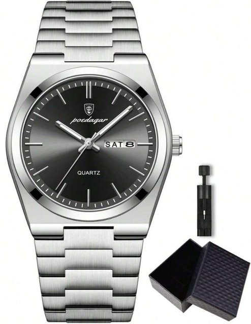 POEDAGAR Armbanduhr, Quarz, Edelstahl, Schwarz, Silber, 40 mm, Herren - Bild 1