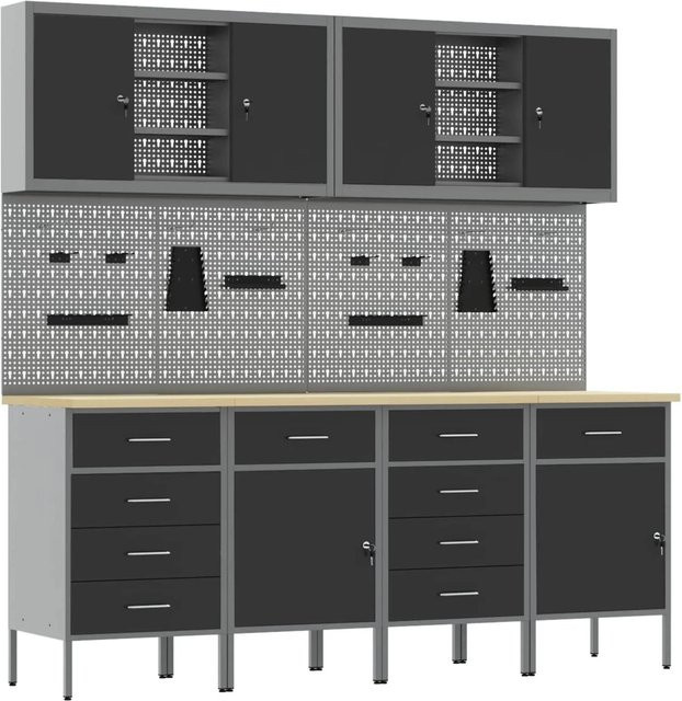 vidaXL Werkbank mit Speicher und Pegboard aus Holz und Stahl in Schwarz B/T/H: 200 x 650 x 55 cm - Bild 1