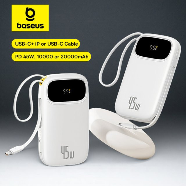 Baseus Power Bank 20000 mAh mit 45 W Schnellladung und integrierten USB-C sowie Lightning Kabel in Schwarz - Bild 1