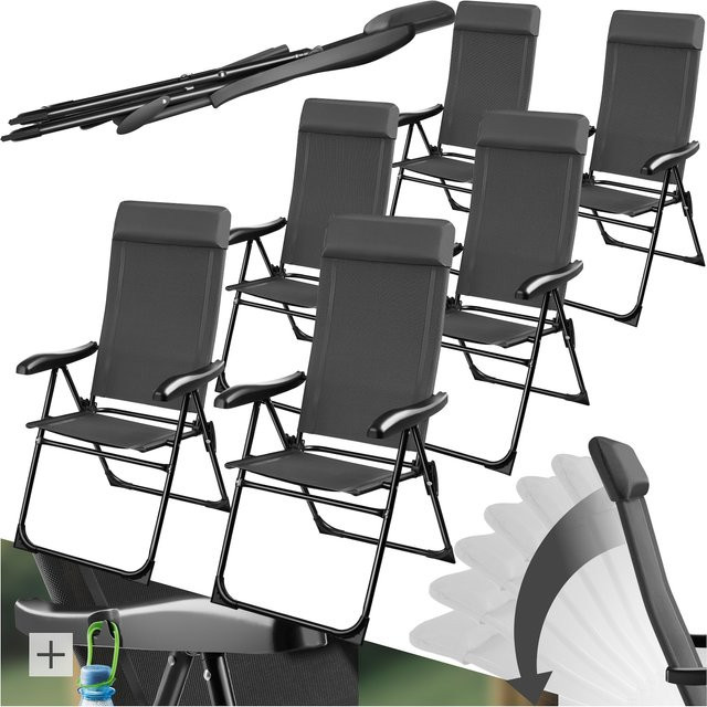 tectake Campingstuhl Müritz klappbar aus Textilene in Anthrazit mit verstellbarer Rückenlehne und Kopfpolster, B/T/H: 65 x 57 x 112 cm - Bild 1