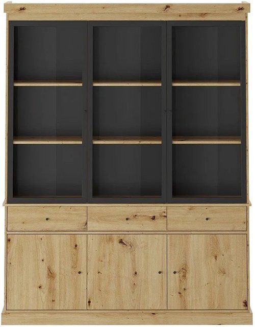 Vitrinenschrank Marsoria in Schwarz und Naturfarben Hell mit Glastüren, LED-Beleuchtung und Regalen im Industriestil, H: 172,5 cm, B: 39,6 cm, T: 6,0 cm - Bild 1