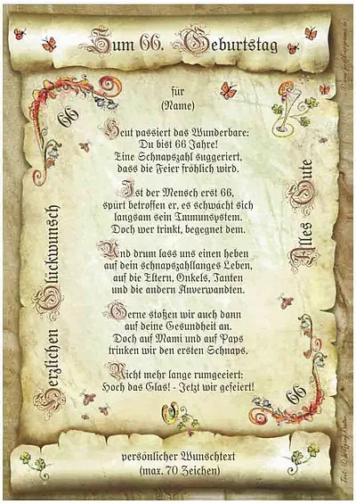 Personalisierte Urkunde zum 66. Geburtstag von tantum graphic in Beige im Vintage-Stil auf Papier - Bild 1
