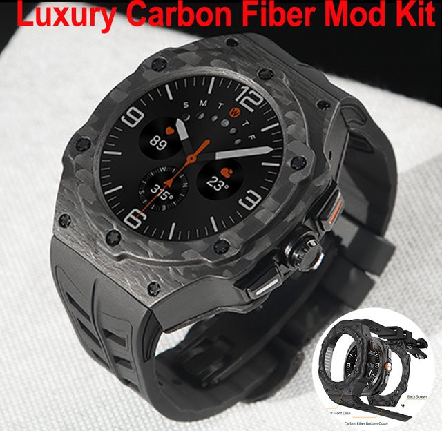 CAOWTAN Carbon-Faser Modifikationskit für Samsung Galaxy Watch Ultra 2025 mit Carbon-Gehäuse und Gummiarmband in Schwarz - Bild 1