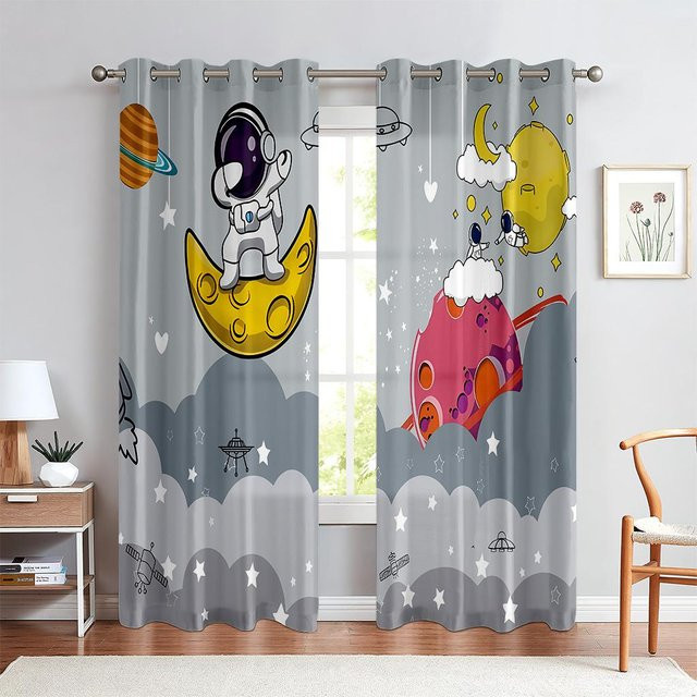 Yiran Furniture Dekorative Raumschiff Vorhänge für Kinderzimmer mit 3D-Zeichentrick-Print, 2er-Set, Polyester, Mehrfarbig, B: 50 cm, H: 140 cm - Bild 1