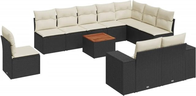 vidaXL 11-tlg. Garten-Sofagarnitur in L-Form aus Poly-Rattan und Akazienholz mit Kissen, Schwarz und Cremeweiß - Bild 1