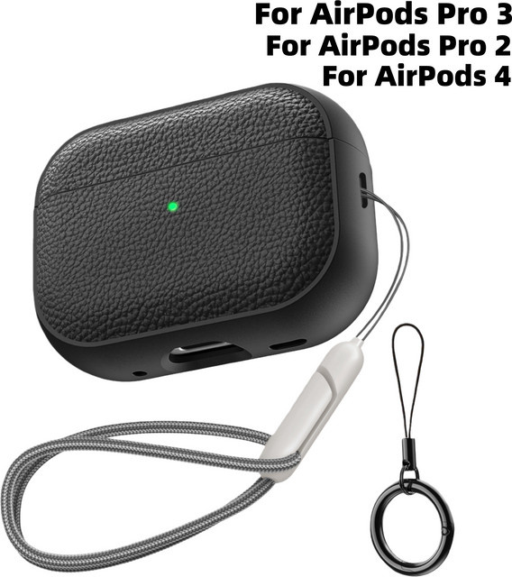 Apple Kopfhörerhülle für AirPods Pro 3, Pro 2 und AirPods 4 aus TPU mit Lederstruktur inklusive Schlüsselanhänger und Trageband in Schwarz oder Orange - Bild 1