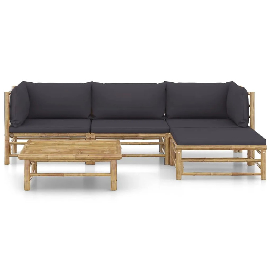 vidaXL 5-tlg Garten-Lounge-Set aus Bambus mit grauen Polstern und Ottoman in L-Form - Bild 2