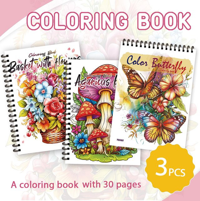 3-teiliges Malbuch-Set für Erwachsene mit Schmetterlings-Pilz-Blumenmustern, 30 Seiten, spiralförmig gebunden, Mehrfarbig - Bild 1