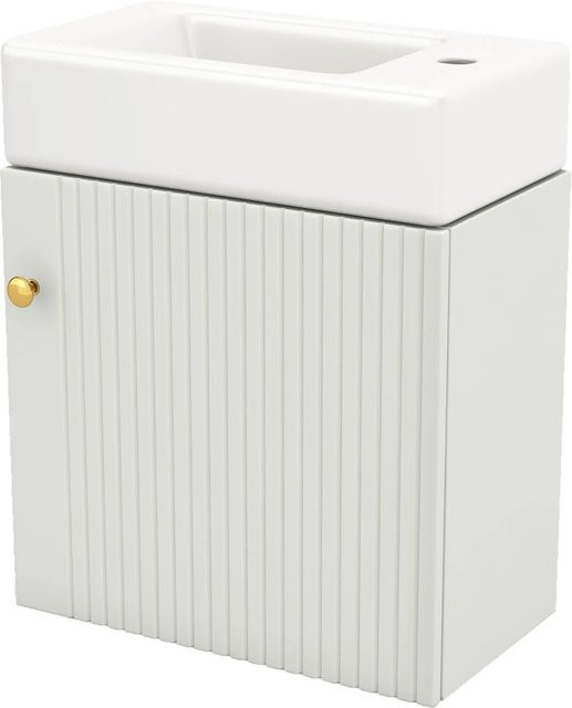 PXloue Waschtisch mit Unterschrank Wandhängend, Keramik Waschbecken und Badmöbel Set für Gäste WC und kleine Badezimmer, Braun und Weiß - Bild 1