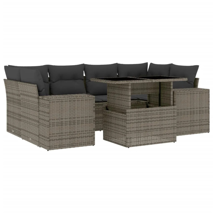 vidaXL 7-tlg Garten-Sofagarnitur in L-Form aus grauem Poly-Rattan mit Kissen und pulverbeschichtetem Stahlgestell - Bild 2